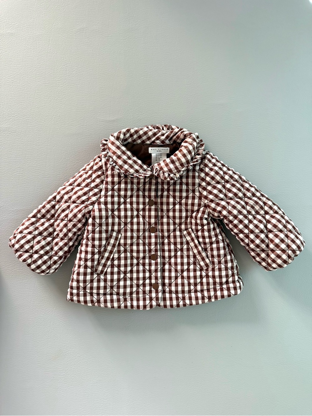 Max Studio Baby Quilted Peter Pan Brown Gingham Plaid Barn Jacket Coat 3-6M